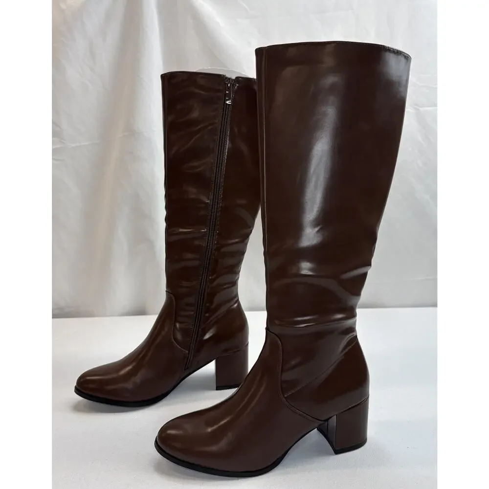 Womens Chocolate Brown Knee High Boots Block Heel Faux Leather Size 7.5